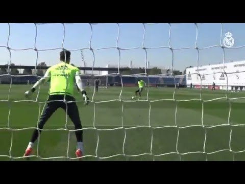 Real Madrid players carry out shooting drill as they prepare for Champions League final